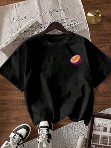 INAWLY 女士字母印花圆领休闲百搭日常短袖T恤 - 黑色 - 查看 2