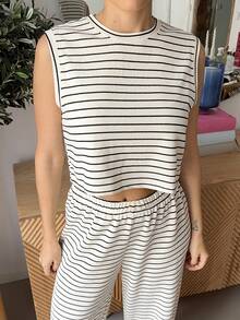 Marta Soriano 女士两件套条纹背心和裤子，休闲 - 黑與白 - 查看 3