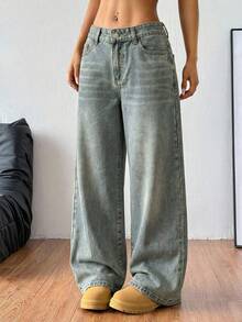 Coolane Women's Summer/Spring Casual Going Out Loose Fit Pockets Denim Wide Leg Blue Pants - Light Wash - View 3