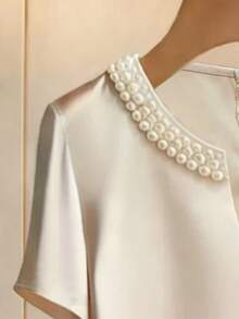 Franclia 新款法式圆领中长连衣裙，饰以闪亮珍珠，修身显瘦，香槟色，优雅女士连衣裙，适合春、夏、秋季日常通勤，时尚百搭，也适合约会、聚会、旅行和度假。 - 香檳色 - 查看 3