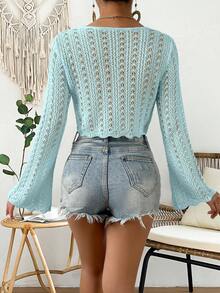 Breezaya 女士纯色系带休闲百搭日常薄款喇叭袖开衫 - 藍色 - 查看 2