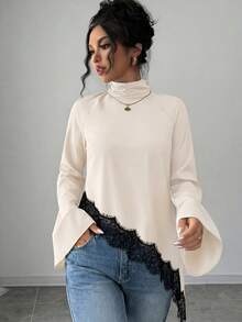 Elenzga Women's Asymmetric Hem Long Sleeve Contrast Lace Blouse - Apricot - View 3