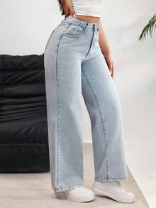 Rivivi 女士高腰阔腿宽松休闲百搭牛仔裤，带翅膀刺绣 - 淺色水洗藍 - 查看 7