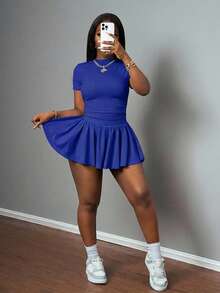 Slaydiva 新款春夏休闲基础款运动风两件套，简约圆领短袖褶裥短款T恤，搭配前后短款中长款伞裙，浅灰色腋下条纹针织面料。 - 寶藍色 - 查看 5