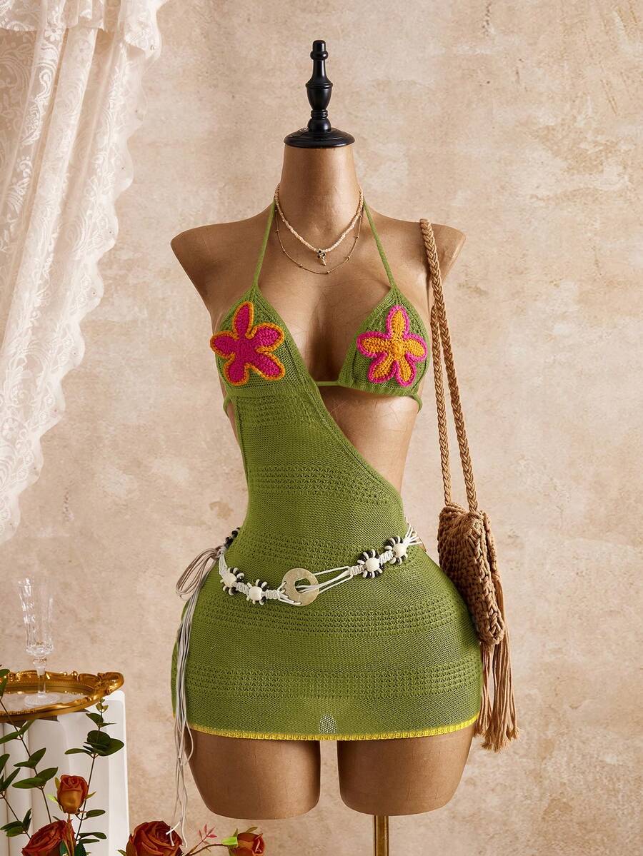 Bellisia Vestido de cuello halter con decoración floral y calado de ganchillo para mujer - Fresh Green - Ver 1
