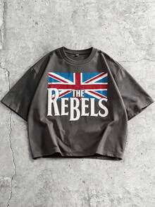 ROMWE MEN Street Life Camiseta casual de manga corta con cuello redondo y estampado de la bandera británica para hombres - Gris Oscuro - Ver 1