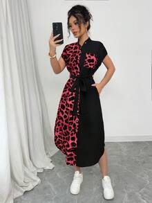 Selianne Women's Casual Elegant Business Casual Vacation Travel Old Money Style Leopard Print Front Button Shirt Belt Bow Pocket Side Slits Commuting Home Contrast Fabric 2025 Summer New Short Sleeve Long Dress - Red - View 5