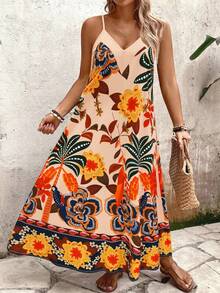 Holidaya maxi holgado con estampado floral y de pájaros naranja para mujer de talla, de verano casual, elegante, versátil, dulce, de cita, retro, de playa, de va - Rosa 2 - Ver 10
