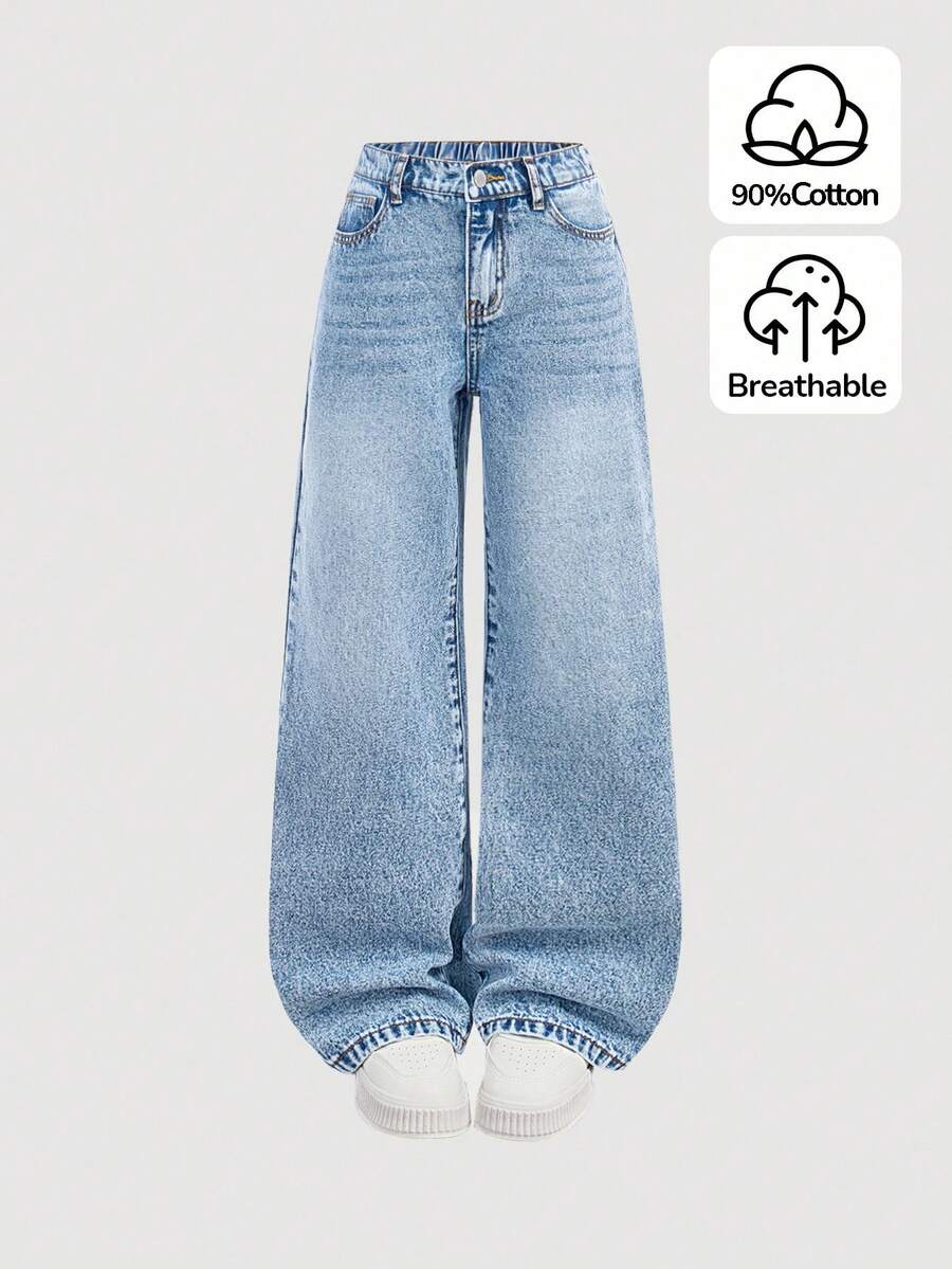 SHEIN Girlism Tween Girls' Y2K Retro Washed High Waist Cat Whisker Washed Baggy Staight Leg Jeans,Tween Girls Fall Winter Clothes Back To School Streetwear Outfits - Light Wash - View 1