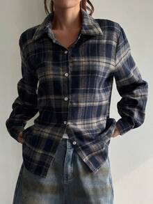 DAZY Áo sơ mi dài tay kẻ caro nữ kiểu dáng thường ngày, phong cách mùa xuân Y2K - Màu xanh lam - Xem 8