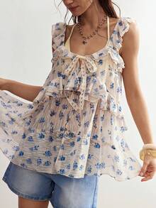 Bohemela Women's Chiffon Printed Ruffle Hem Camisole For Spring/Summer Vacation - Blue - View 7