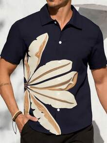 VIVINTIMO Men's Navy Blue Floral Print Vacation Shirt - Black - View 1