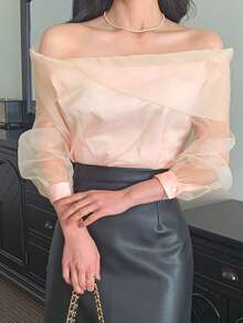DAZY Women's Off-Shoulder Fitted Sheer Mesh Blouse - Apricot - View 6