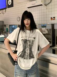 K-Vae Vintage Loose Fit Cropped Short Sleeve Sexy T-Shirt Top, Summer,Summer Top - White - View 1