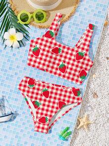 可爱草莓图案，复古红白格子，海滩度假风，少女休闲简约吊带背心和三角比基尼泳衣套装，适合夏季休闲度假，#椰子女孩 - 紅白色 - 查看 3