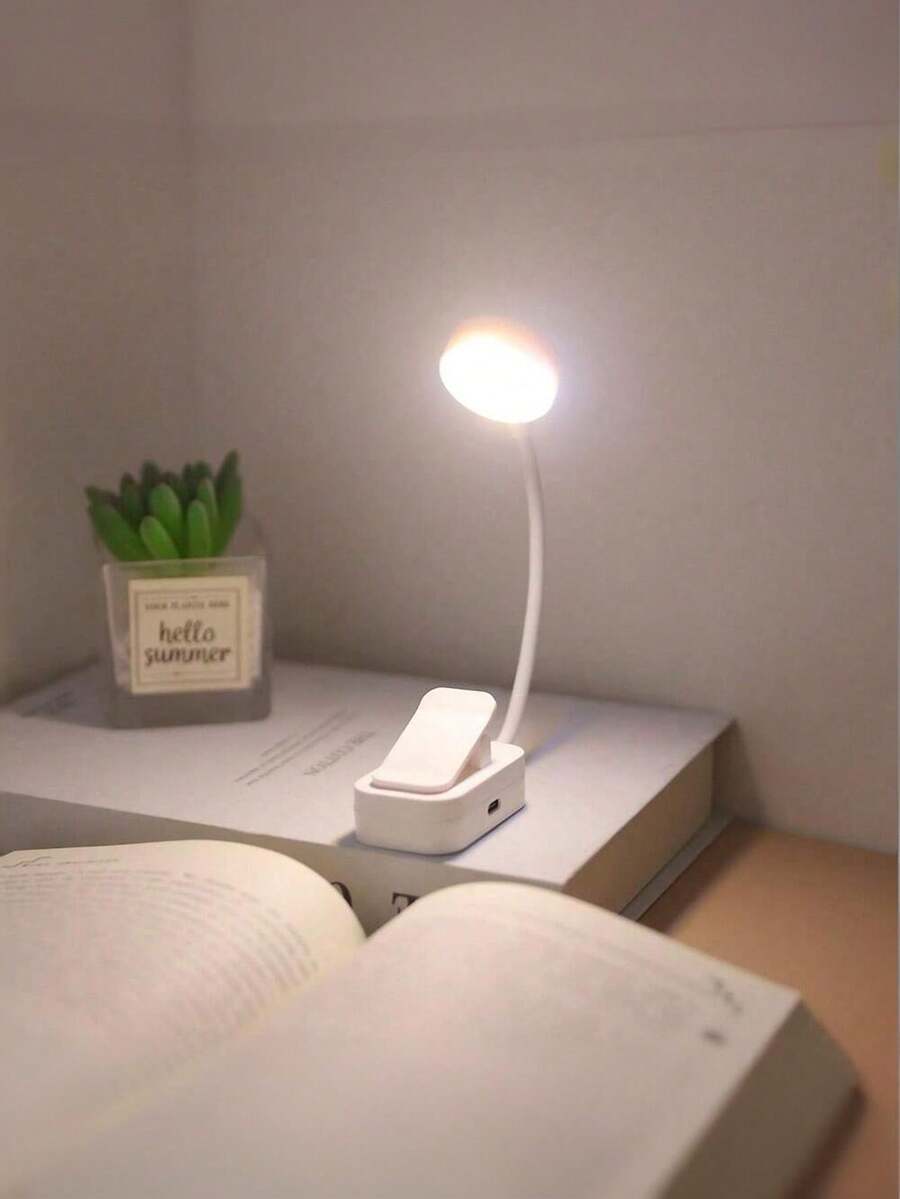 Teckwe 1pc 4-LED White Clip-On Eye-Care Reading Light, Rechargeable Book Light, 3 Color Temperatures, Dimmable Brightness, Mini Portable Clip-On Reading Lamp(Charging Cable Not Included)