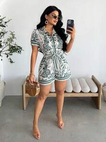 Vavine Women's Tropical Plant Print Short Sleeve Casual Shirt & Shorts Jumpsuit - Multicolor - View 8