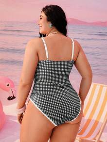 Swim Mod 2026新款加大码女式两件套几何印花时尚休闲泳衣，可调节加粗肩带高腰高衩三角比基尼 - 黑與白 - 查看 2