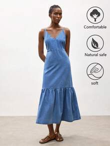 Maija Vestido de verano de mezclilla con tirantes de espagueti y espalda anudada, informal para mujer - Azul lavado medio - Ver 2