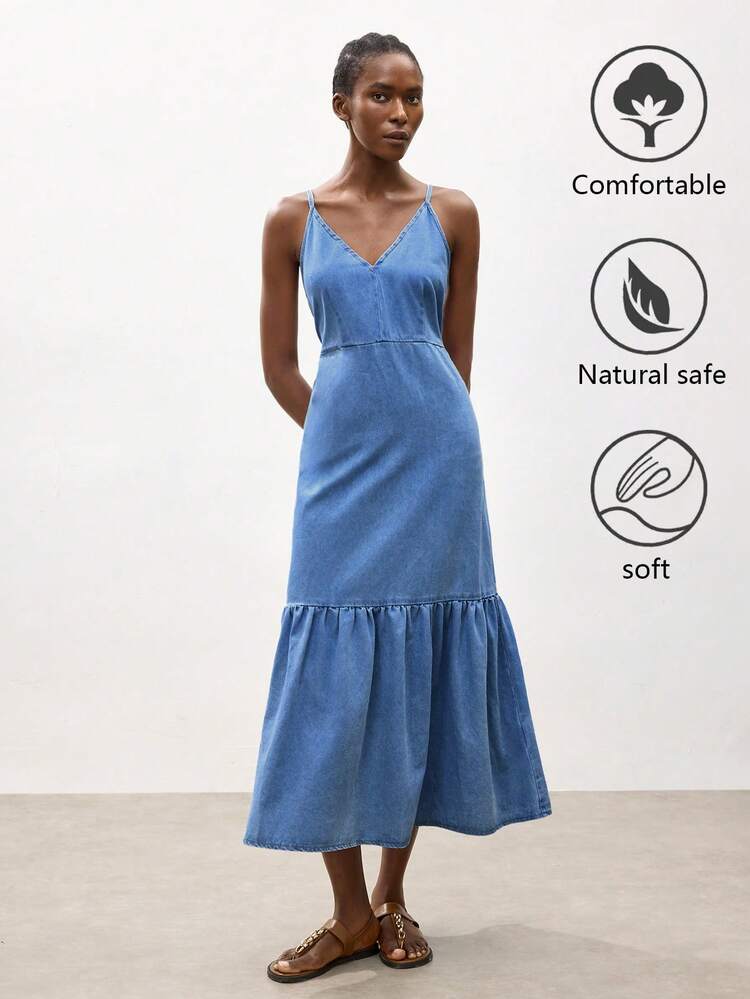 SHEIN Maija Women's Blue Denim Sundress, Vacation Sundress, Sexy Backless Dress.Summer Vacation Outfits,Beach Outfits ,Backless Summer Dress, Tie Back Dress