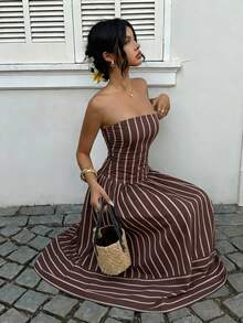 SHEIN EZwear 女士荷叶边无肩带长款棕色条纹连衣裙，适合度假、海滩、夏季、婚礼宾客、生日派对、户外活动等场合穿着。 - 彩色 - 查看 4