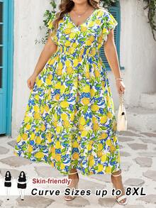 SHEIN CURVE+ Curve 尺码 US22 音乐节、海滨度假、波西米亚风女士优雅褶皱短袖弹力腰水果印花连衣裙，春夏沙滩度假连衣裙，沙滩装 - 黃色 - 查看 9