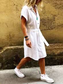 Linavere Women's Fashionable Elegant Turndown Collar Button Dress With Belt - Commuting Casual Style - Short Sleeve White Dress, Spring/Summer - White - View 5