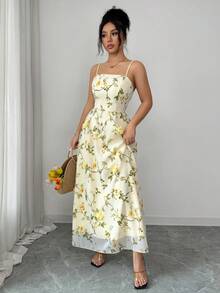 Elenzga 2026春夏新款黄色网纱3D立体花卉刺绣A字吊带裙 - 淡黃色 - 查看 3