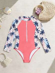 新款时尚女童连体泳衣，长袖拉链前开式三角泳裤 - 彩色 - 查看 3