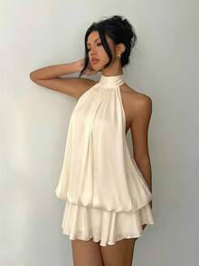 Aloruh Đầm ngắn cổ yếm màu vàng nhạt thanh lịch dành cho nữ - Màu be - Xem 6