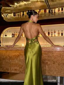 Aloruh 女士性感露背长裙，浪漫蝴蝶结挂脖美人鱼礼服，适合情人节约会、新年派对、休闲外出、下午茶等场合 - 綠色 - 查看 2