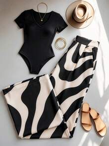 Franclia 2026 New Spring/Summer Outfit, Combining Minimalist Sexy And Casual Chic, Featuring Retro Printed Fashion Sense. Top: V-Neck Short Sleeve Jumpsuit With Fitted Stretchy Silhouette. Bottom: High-Waisted Wide-Leg Pants With Abstract Wave Print, Relaxed And Flattering. Women's 2-Piece Set In Black, Digital Print, And Minimalist Versatile Design. - Black - View 1