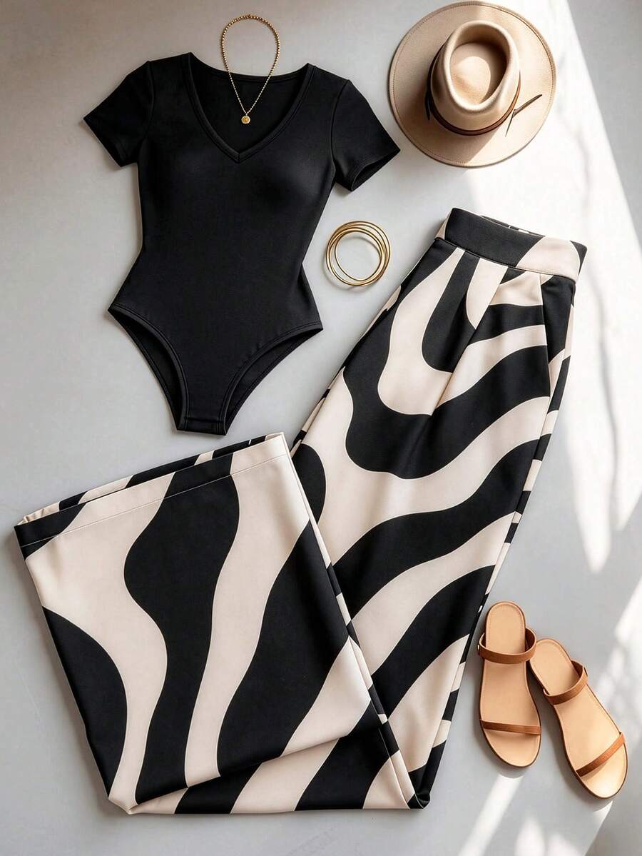 Franclia 2026 New Spring/Summer Outfit, Combining Minimalist Sexy And Casual Chic, Featuring Retro Printed Fashion Sense. Top: V-Neck Short Sleeve Jumpsuit With Fitted Stretchy Silhouette. Bottom: High-Waisted Wide-Leg Pants With Abstract Wave Print, Relaxed And Flattering. Women's 2-Piece Set In Black, Digital Print, And Minimalist Versatile Design. - Black - View 1