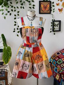 Sunspun Casual Retro Print Flare Sleeve Jumpsuit - Grey - View 3