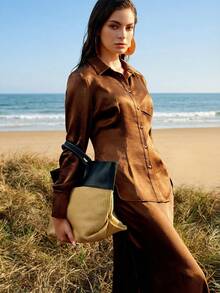 ZEYLAH 2pcs Elegant Fitted Ruched Satin Set, Spring/Summer - Coffee Brown - View 10