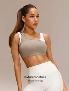 GLOWMODE Ultrafine Soft Seamless Chase Your Glow Mock 2-Piece Style Removable Cups Sports Bra Medium Impact Training Running Gym Workout Daily Active Wear - Khaki - View 3