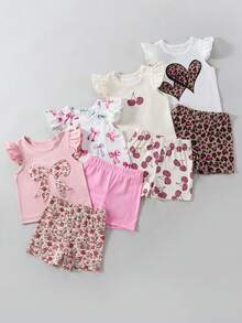 SHEIN Playful Pals 女嬰 4 套裝 粉紅色夏季 T恤短褲套裝 心形豹紋花卉 - 彩色 - 查看 10