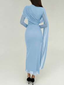 Aloruh Elegant Ruched Solid Color Dress, Casual & Party Wear - Baby Blue - View 2