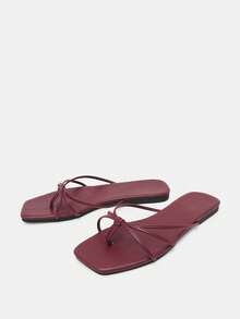 大码女式方头纯色细带人字拖平底凉鞋，酒红色，2025 年夏季新款音乐节假日风格时尚百搭休闲沙滩拖鞋，适合比基尼性感韩式室内防滑轻便舒适家居拖鞋 - 酒紅色 - 查看 7