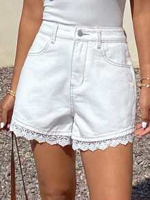 Livesso Quần short denim cotton màu trắng phối ren dành cho nữ, kiểu dáng thường ngày, thích hợp mặc mùa hè. - trắng - Xem 4