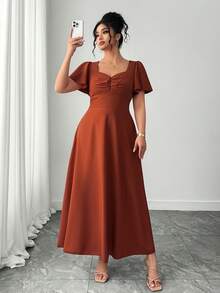 Elenzga Plus Size Women's Solid Color Sweetheart Neck Casual Spring/Summer Vacation French Retro Elegant Commuter Dress - Coral Orange - View 3