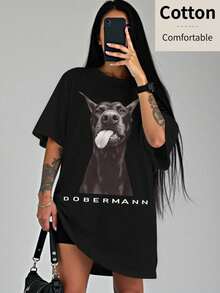 INAWLY 杜宾犬印花T恤 - 趣味吐舌设计，女士酷炫嘻哈风格，性感女孩T恤 - 黑色 - 查看 1