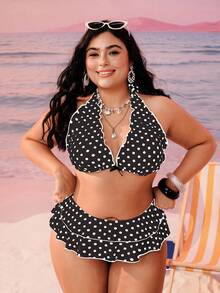 Swim Mod Bộ bikini hai mảnh cỡ lớn dành cho nữ, màu đen chấm bi, kiểu buộc dây cổ, gợi cảm, thích hợp cho kỳ nghỉ biển. - màu đen - Xem 6