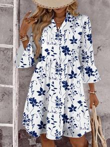 EMERY ROSE Vestido de talla grande con estampado floral azul y blanco, adecuado para vacaciones - Multicolor - Ver 4
