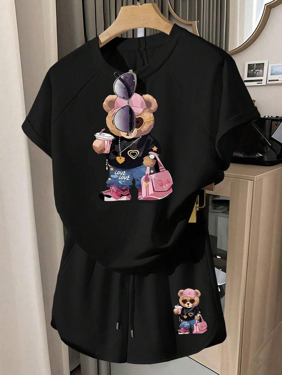 Teen Girls Black Casual Loose Fit Short Sleeve T-Shirt Set, Cool Sunglasses & Bear Print Pattern, Pockets, Suitable For Spring & Summer, Comfortable Casual Wear, Cool Summer Series, Must-Have For Teenage Girls, Back To School Essential, Summer Girls Fashion Basics, Spring & Summer Korean Style, Daily Teenage Fashion - Multicolor - View 1
