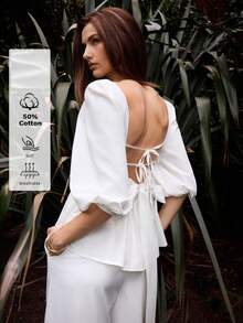 Maija Blusa de mujer con tirantes de lazo y mangas con pétalos sin espalda - Blanco - Ver 1