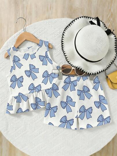 SHEIN Tween Girls Blue Bow Tie Digital Print Sleeveless 2-Piece Set, Suitable For Summer Daily Wear, Outings, Travel, Vacation And Parties, Vacation Outfit