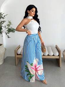 Vavine Blue & White Pleated Waist Loose Women Casual Pants - Multicolor - View 6