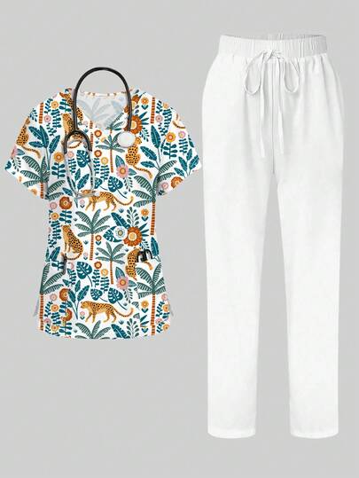 PopScrub 可爱豹纹热带植物印花V领短袖口袋耳挂开衩设计女士两件套，春夏护士服套装，休闲裤装，手术服套装