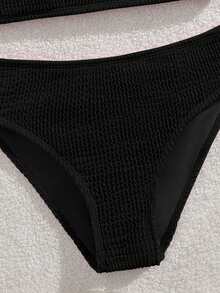 SHEIN Conjunto de bikini para niñas preadolescentes, de tela ondulada de punto, elegante y modesto, estilo europeo y americano, adecuado para vacaciones, natación, verano y playa. Conjunto de traje de baño de cintura alta modesto. Traje de baño negro de 2 piezas para niñas de 14 años. Traje de baño texturizado de 2 piezas. - Negro - Ver 4